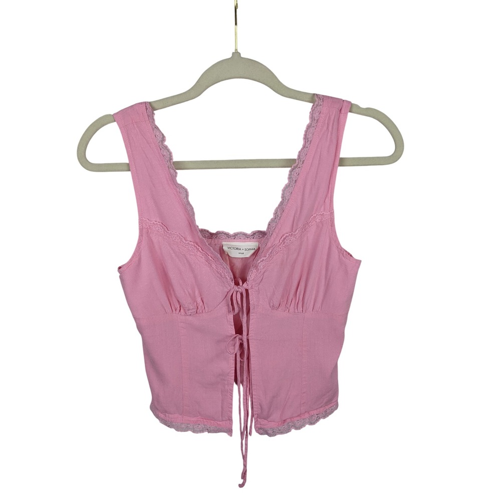 Victoria + Sophia Pink Lace Trim Tie Front Linen Blend Crop Tank Top CT-13082 S